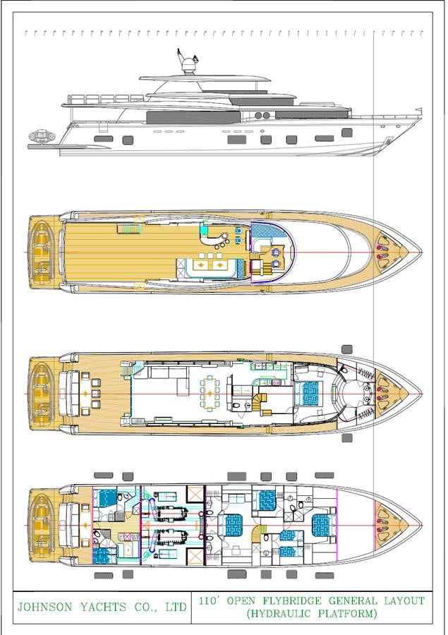 diagram, engineering drawing aboard JOHNSON 110 FLYBRIDGE Yacht for Charter