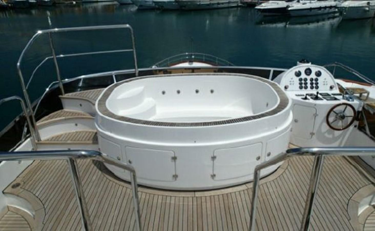 a white boat with a face drawn on the front aboard SERENDIPITY Yacht for Sale