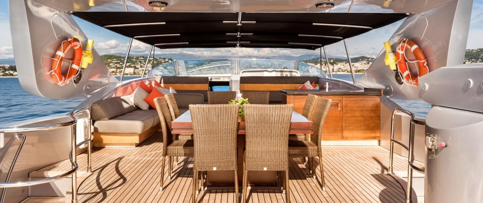 a deck with a table and chairs on it aboard NAUGHTY BY NATURE Yacht for Sale