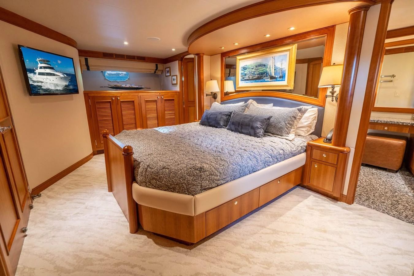 a bedroom with a large bed aboard FREE SPIRIT Yacht for Sale