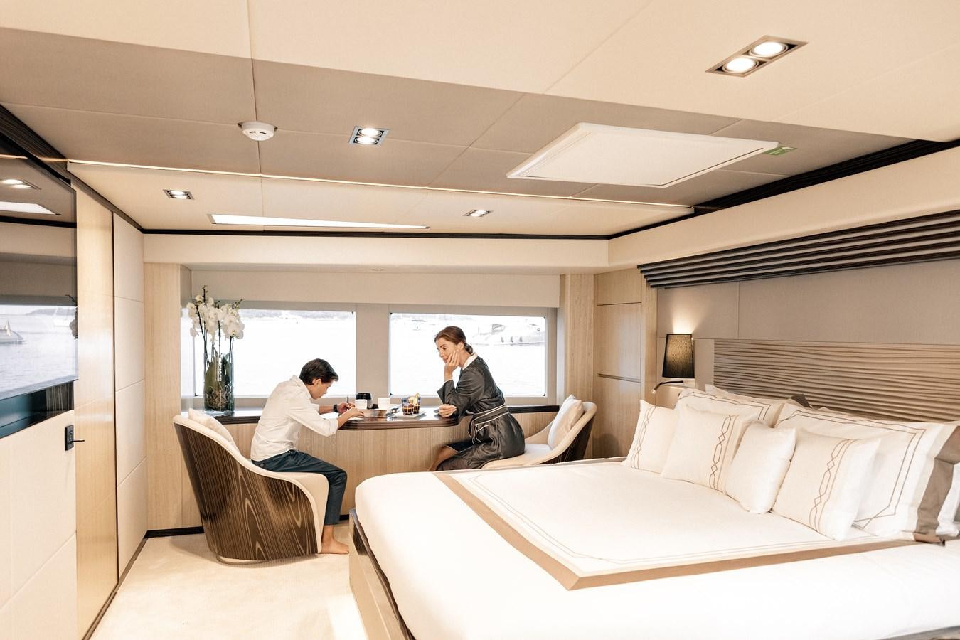 a couple of men sitting at a table in a room with a large window and a large white aboard LEGACY Yacht for Sale
