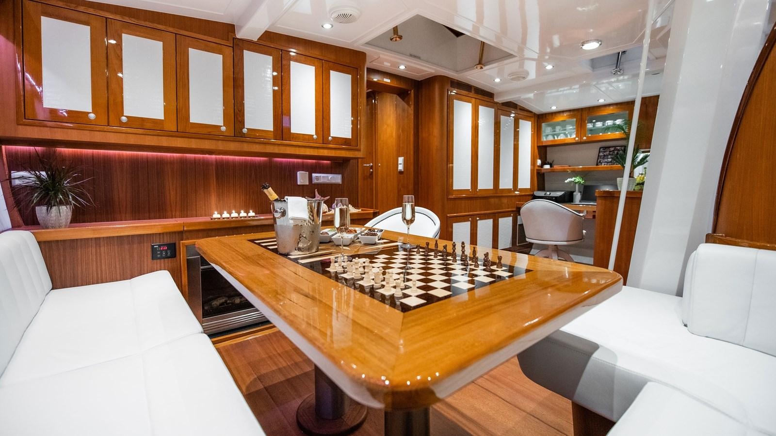 a kitchen with a large island aboard BORKUMRIFF II Yacht for Sale