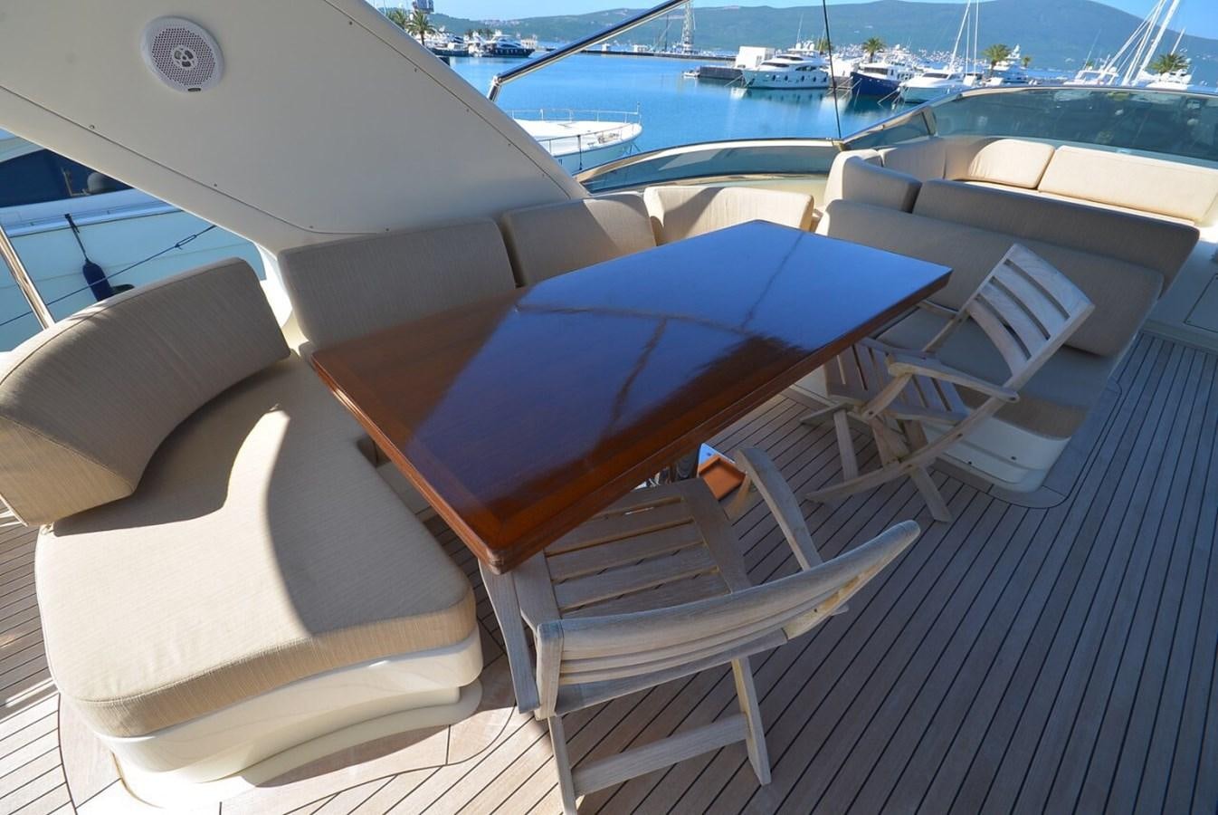 a deck with chairs and umbrellas aboard JULIA DOROTHY Yacht for Sale