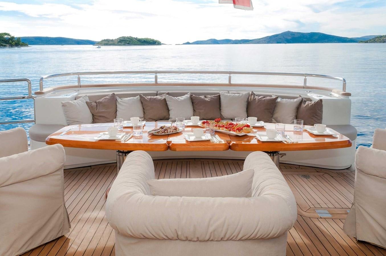 a couch and a table on a deck overlooking a body of water aboard NOVELA Yacht for Sale