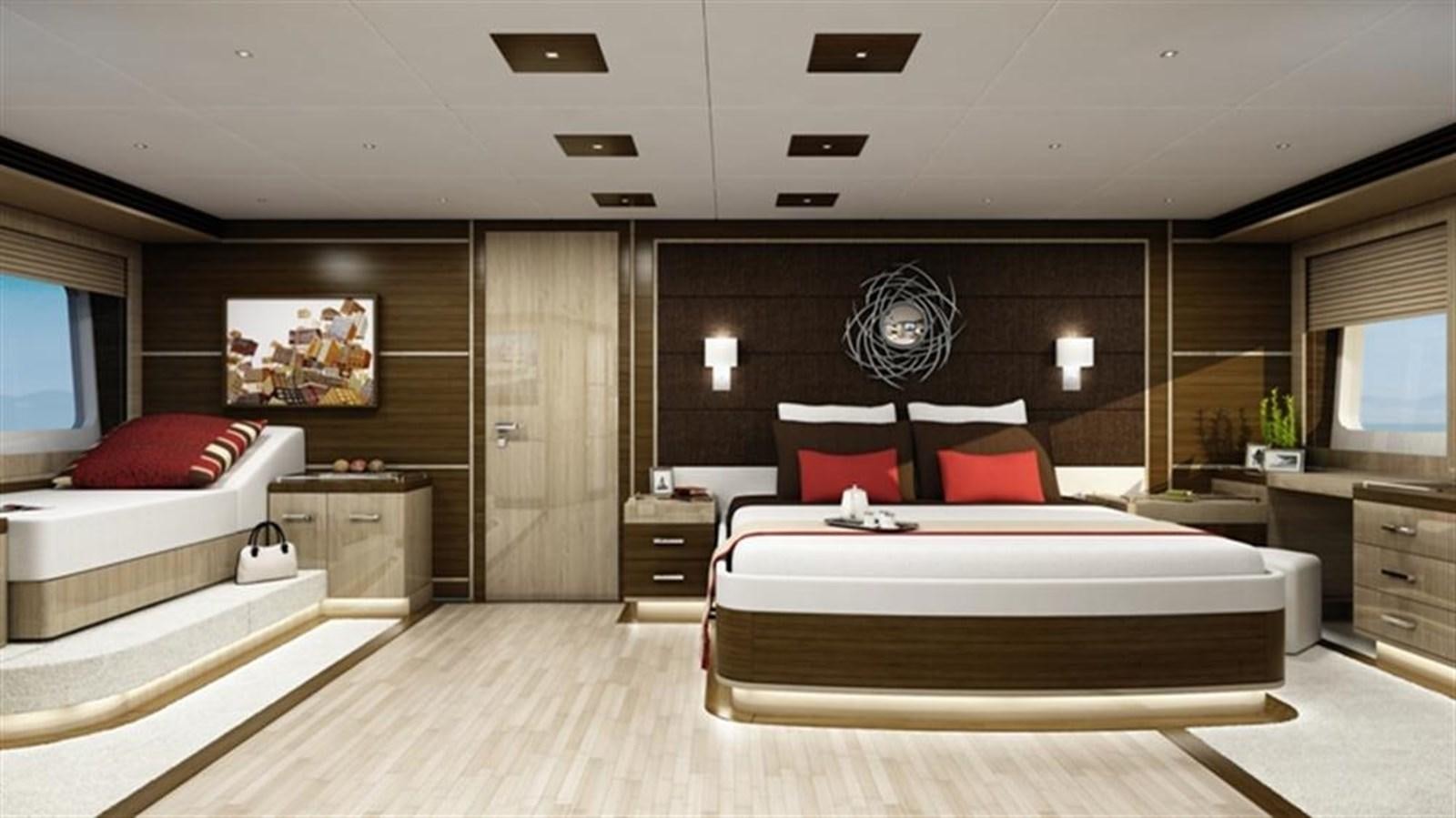 a room with a bed and a tv aboard ALL OCEAN YACHTS 100' FIBERGLASS Yacht for Sale