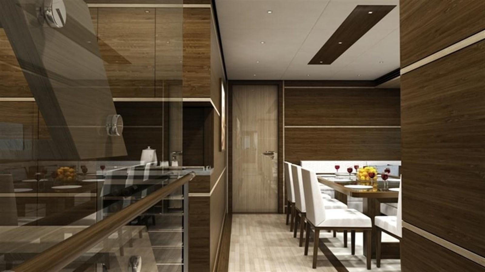 a room with a table and chairs aboard ALL OCEAN YACHTS 100' FIBERGLASS Yacht for Sale