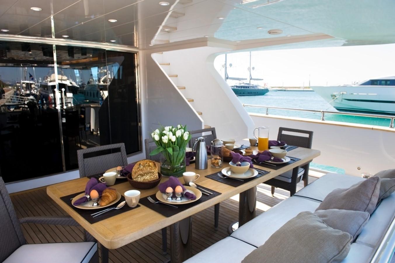 a table with food on it aboard GIOE I Yacht for Sale