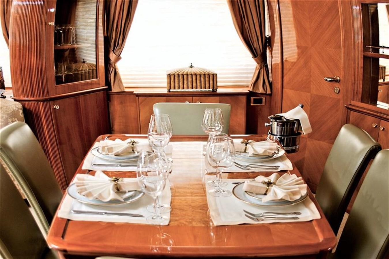 a table with plates and glasses on it aboard CAROBELLE Yacht for Sale