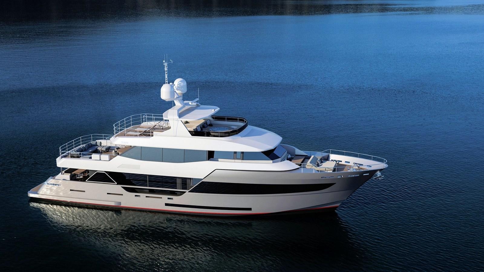 a white yacht on the water aboard AVENTURA 106 Yacht for Sale