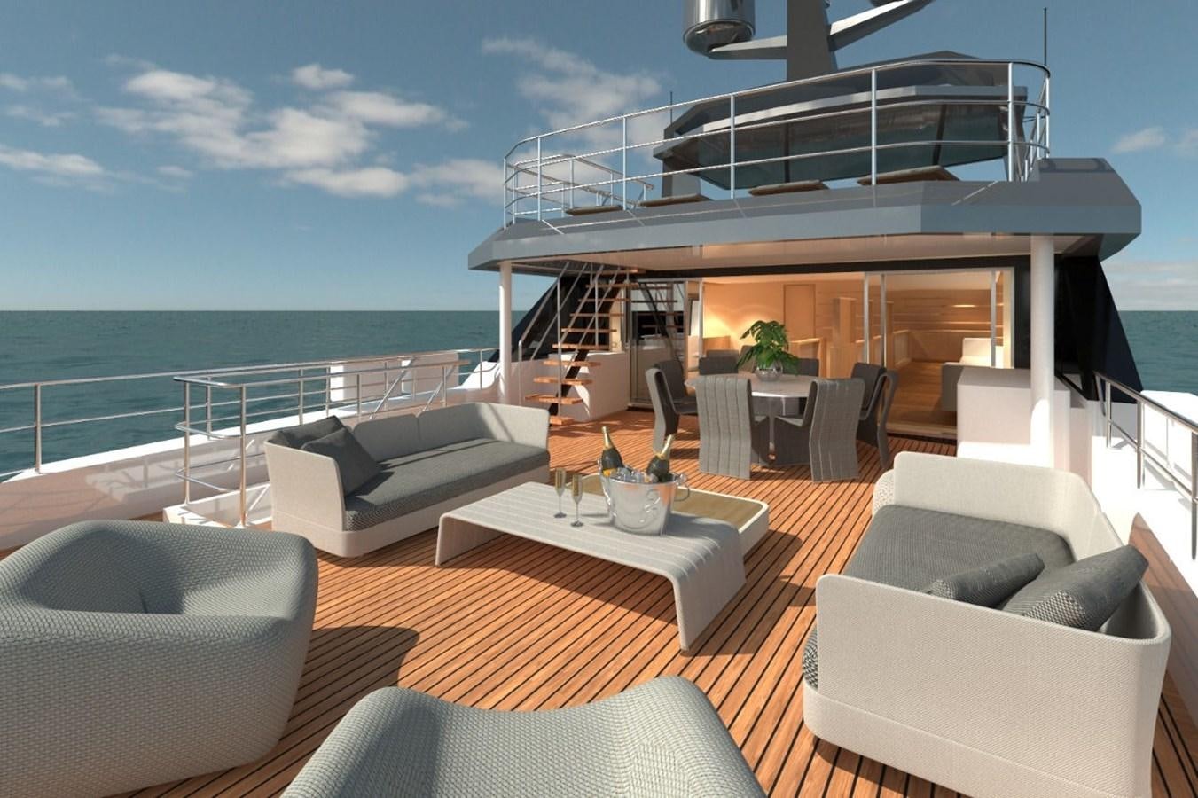 a room with a couch and a table and chairs on a deck aboard AVENTURA 106 Yacht for Sale