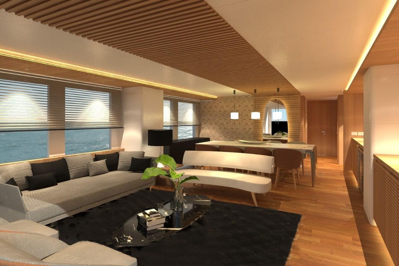 a living room with a couch and a coffee table aboard AVENTURA 106 Yacht for Sale