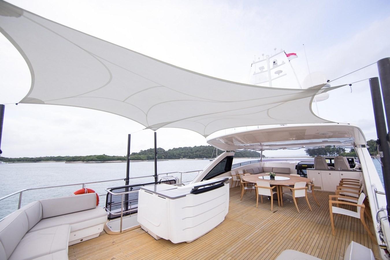 a large white tent with a table and chairs and a large white umbrella aboard THE SPIRIT OF ELIJAH Yacht for Sale