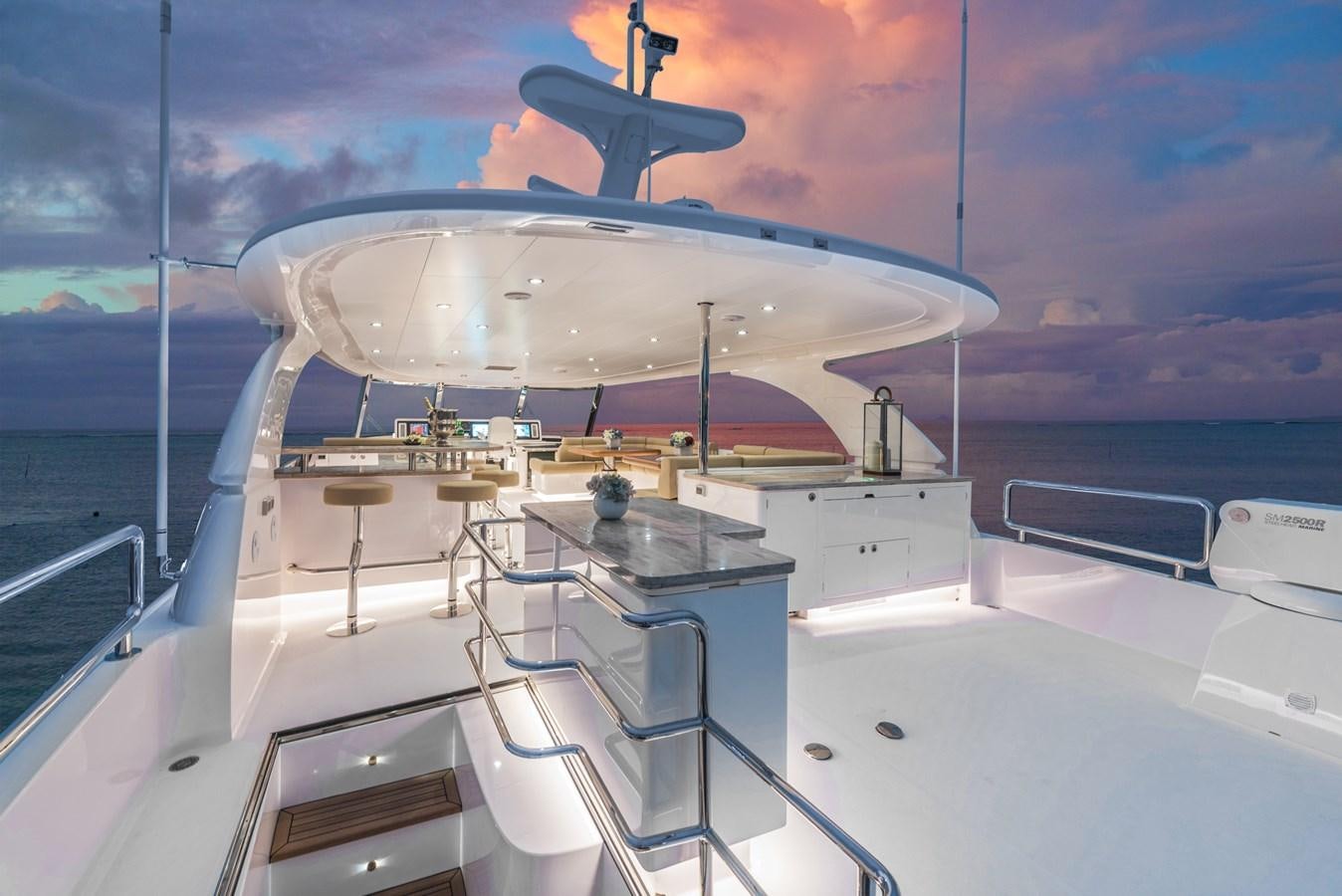 a large white ship with a satellite dish on it aboard E100 (NEW SPEC BOAT)  Yacht for Sale