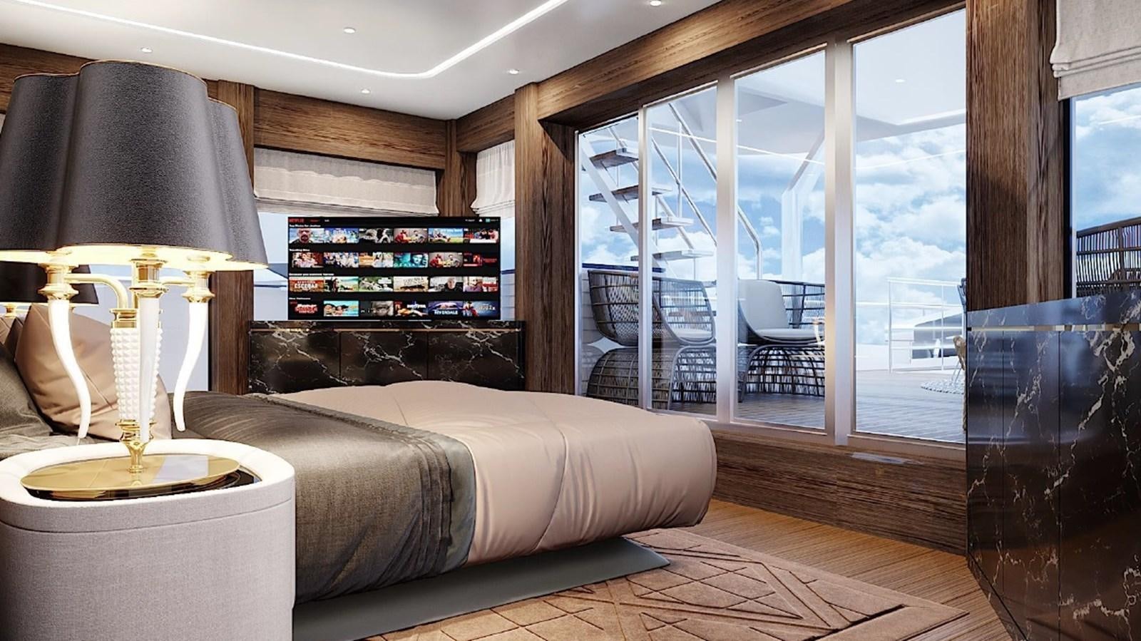 a bedroom with a large window aboard XPLO BV-30 Yacht for Sale