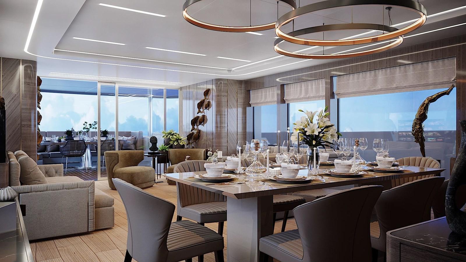 a large dining room with a large table and chairs aboard XPLO BV-30 Yacht for Sale