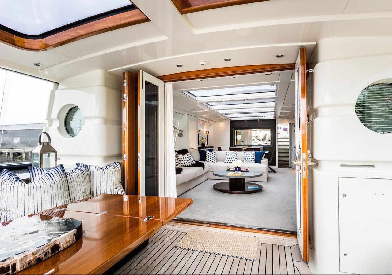 a living room with a table and couches aboard BARGE SAVVY Yacht for Sale