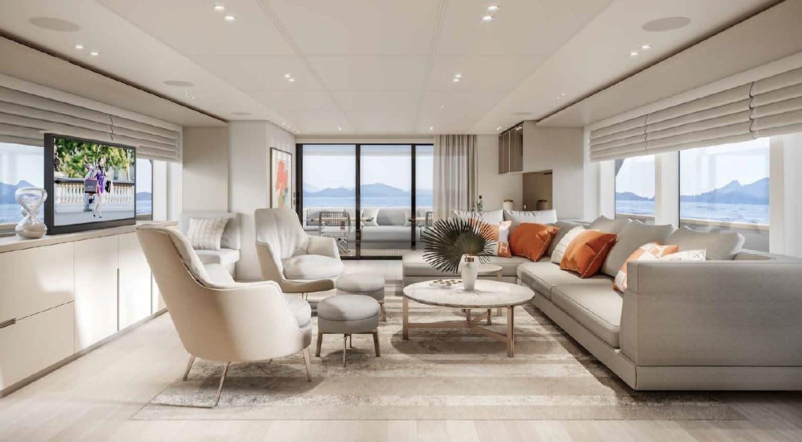 a living room with a large window aboard CLIC Yacht for Sale