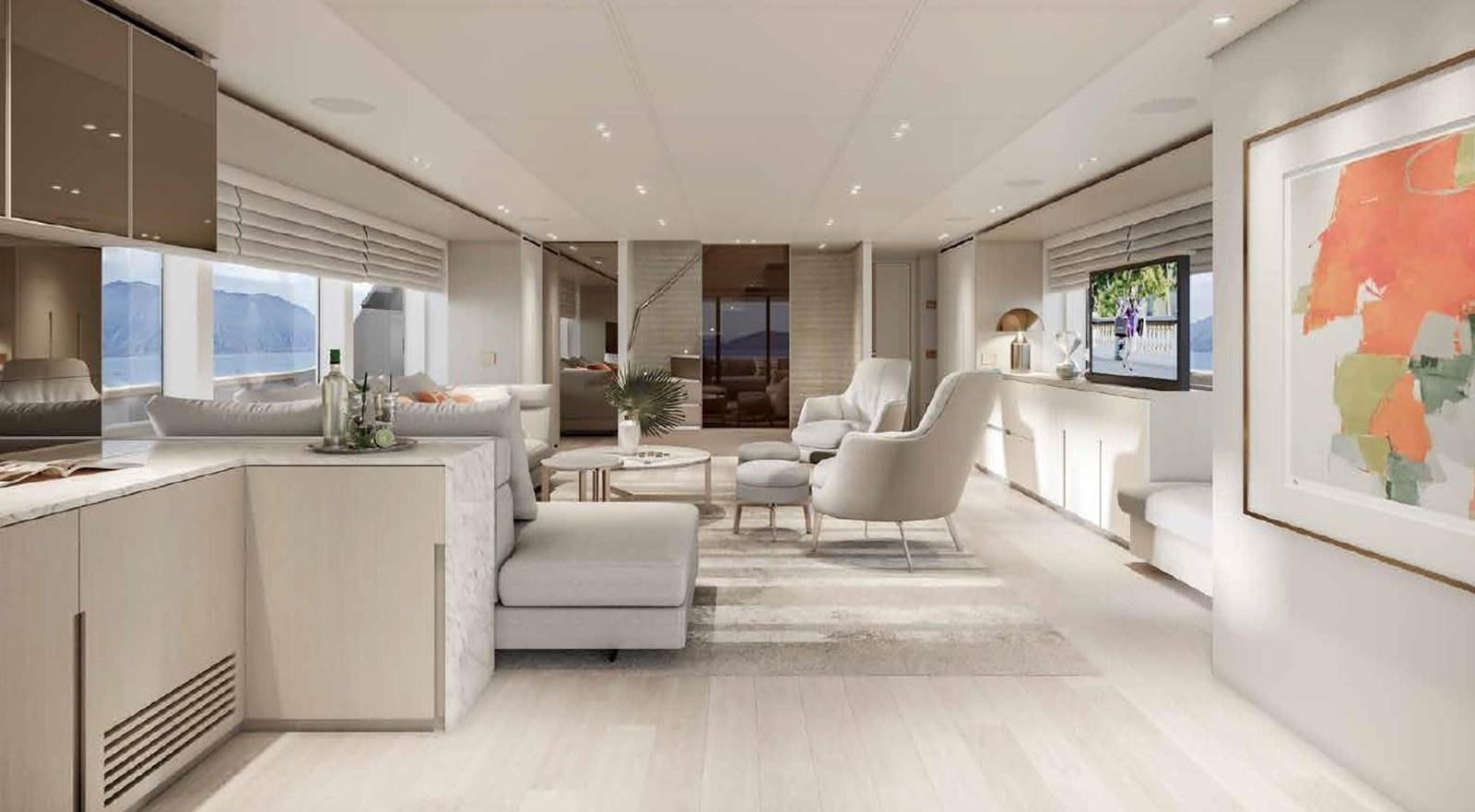 a modern looking living room aboard CLIC Yacht for Sale