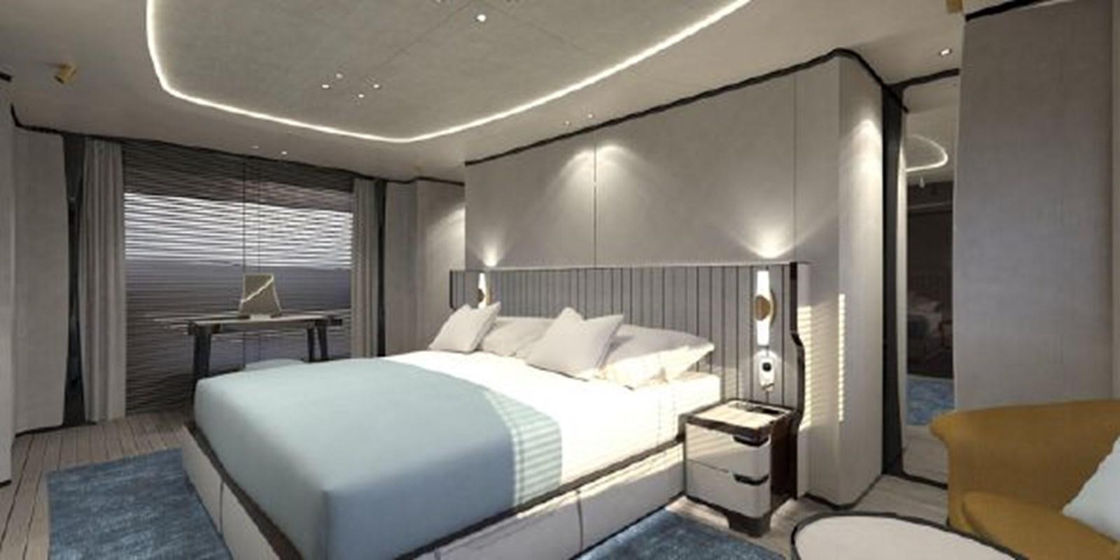 a room with a bed and a desk aboard 2020 BENETTI DELFINO 95 Yacht for Sale