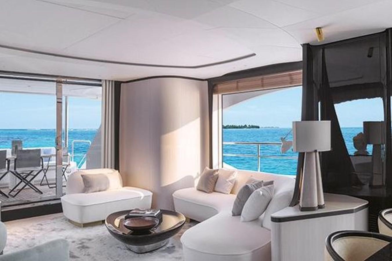 a room with a large window and a view of the ocean aboard 2020 BENETTI DELFINO 95 Yacht for Sale