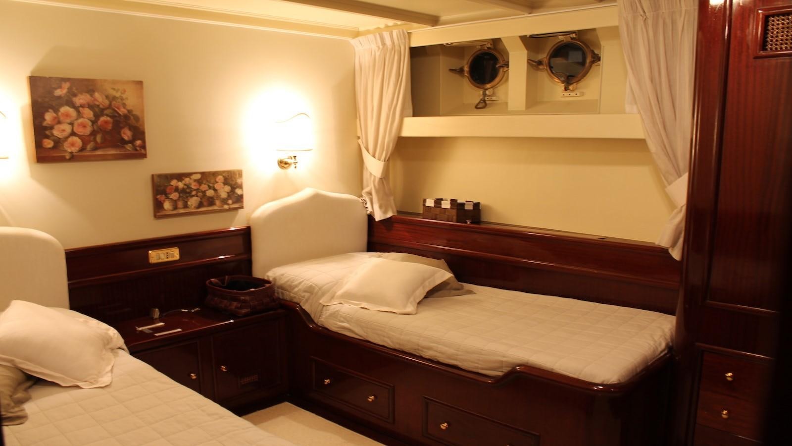 a room with two beds aboard DP MONITOR Yacht for Sale