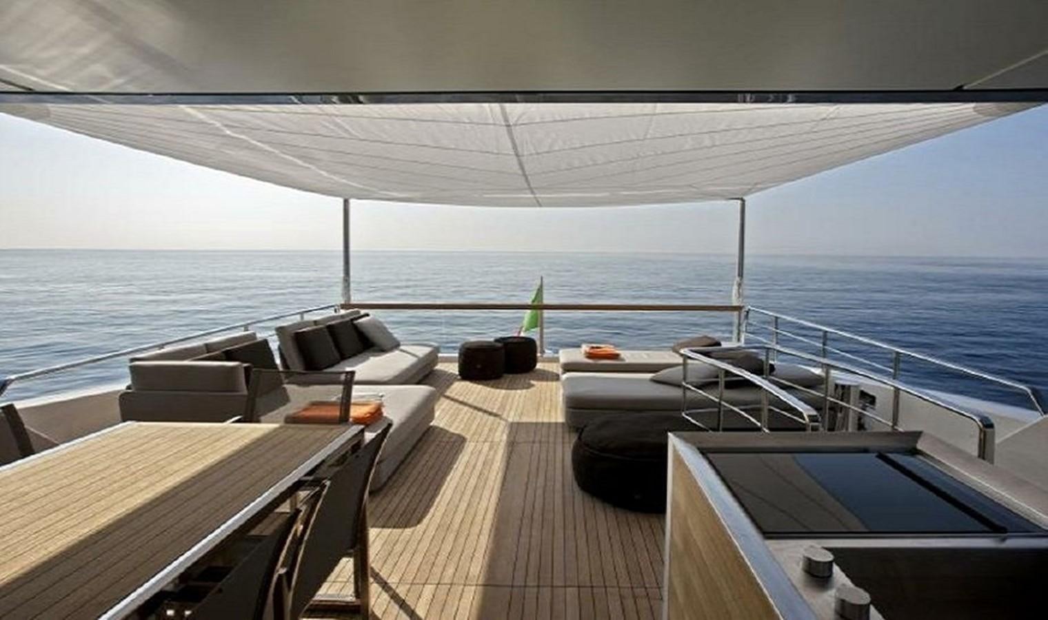 a deck with a large body of water and a large boat aboard AGAIN Yacht for Sale