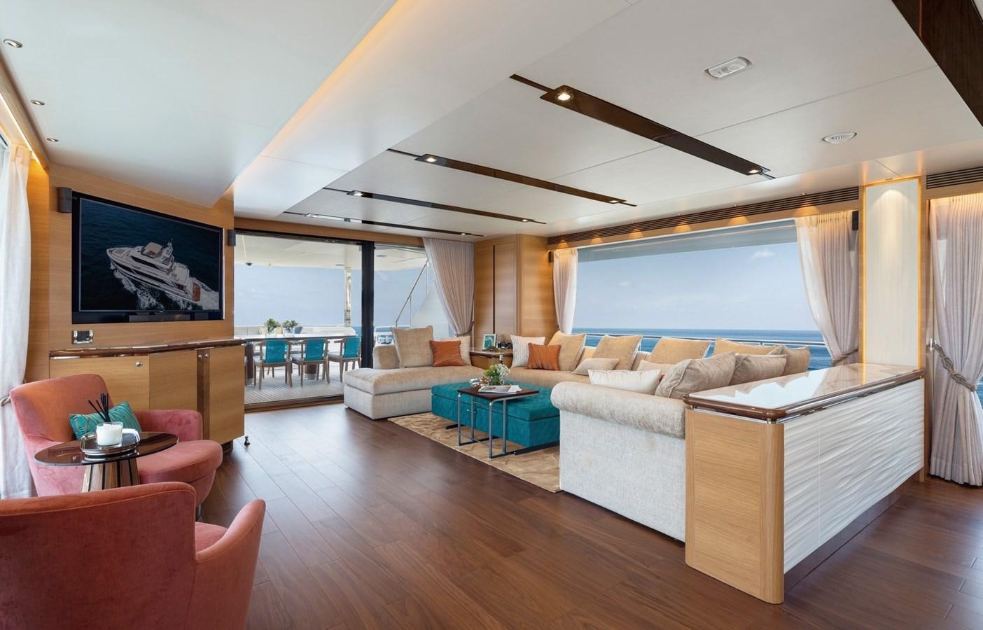 a living room with a large screen aboard FD92 (NEW BOAT SPEC)  Yacht for Sale