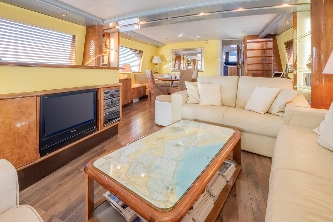 a living room with a large tv aboard TIENNA Yacht for Sale