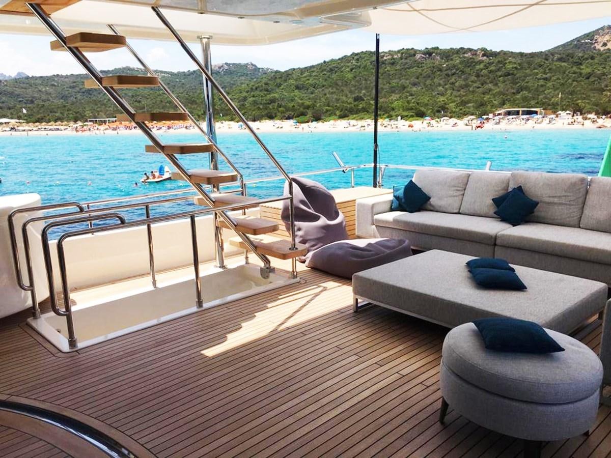 a deck with a view of the water and a beach aboard PALGREMAT Yacht for Sale