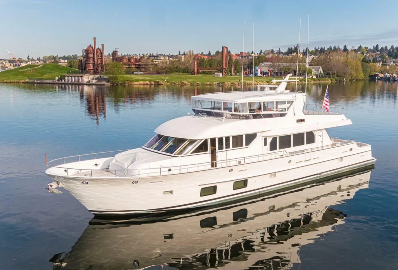 a large white boat on the water aboard 92 PARAGON COCKPIT Yacht for Sale