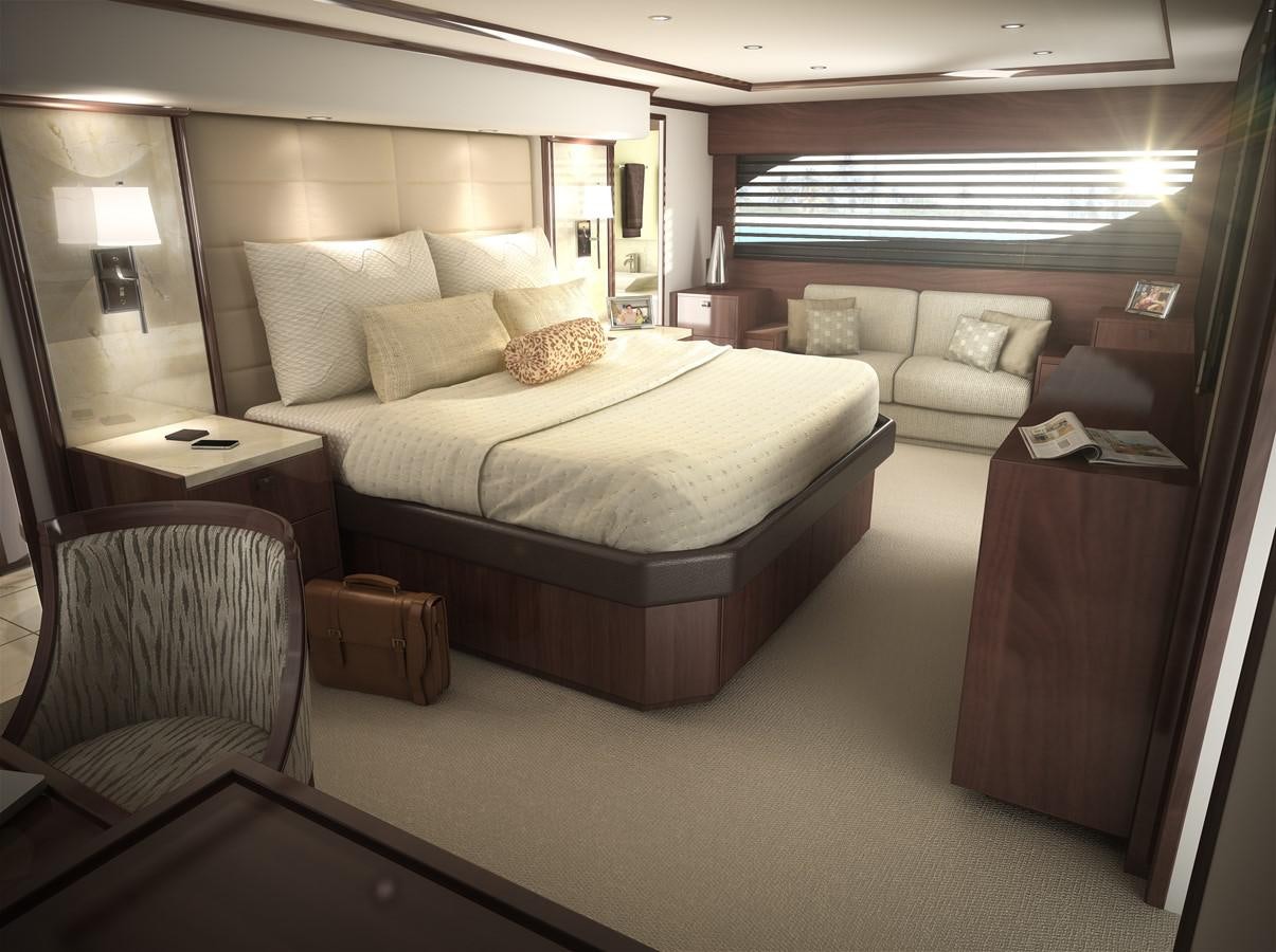 a hotel room with a bed and a desk aboard 2022 VIKING 92 CONVERTIBLE (TBD) Yacht for Sale