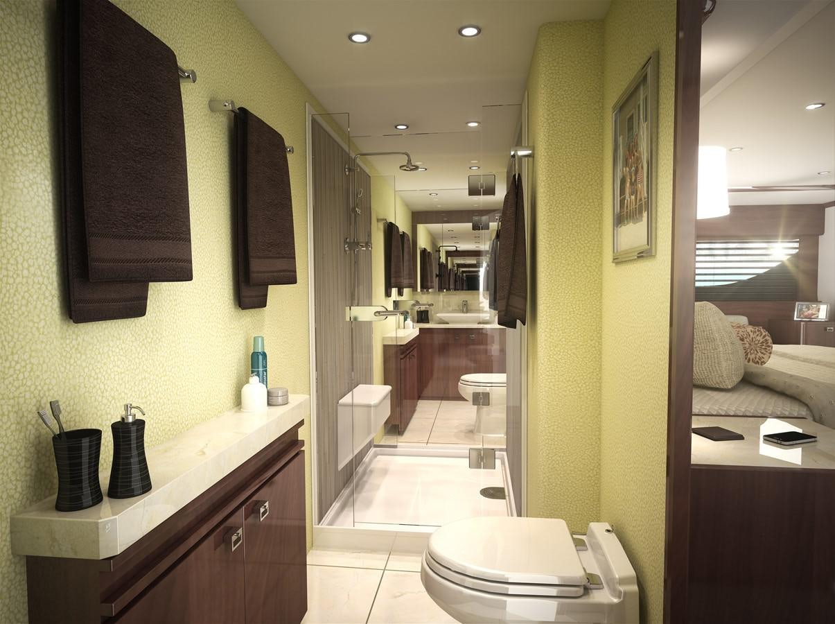 a bathroom with a large mirror aboard 2022 VIKING 92 CONVERTIBLE (TBD) Yacht for Sale