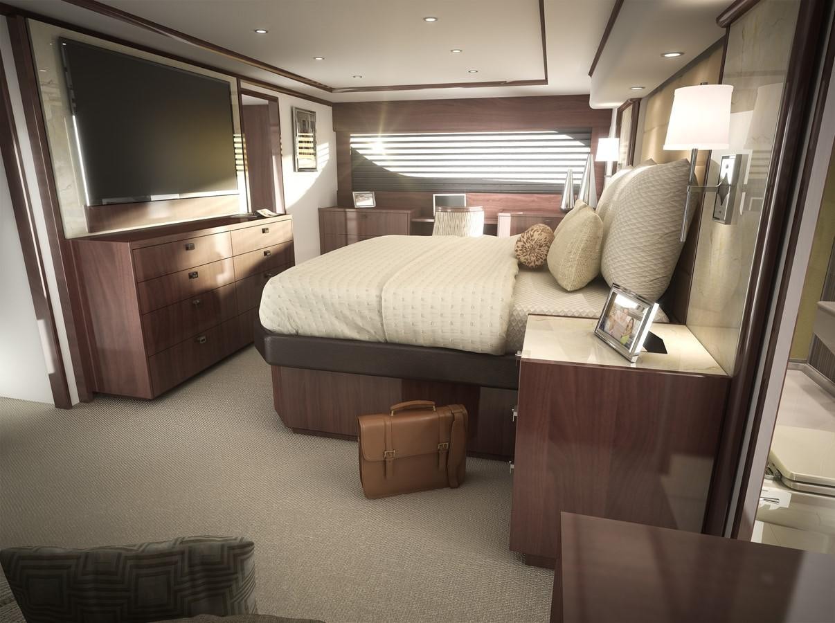 a bedroom with a bed and a television aboard 2022 VIKING 92 CONVERTIBLE (TBD) Yacht for Sale