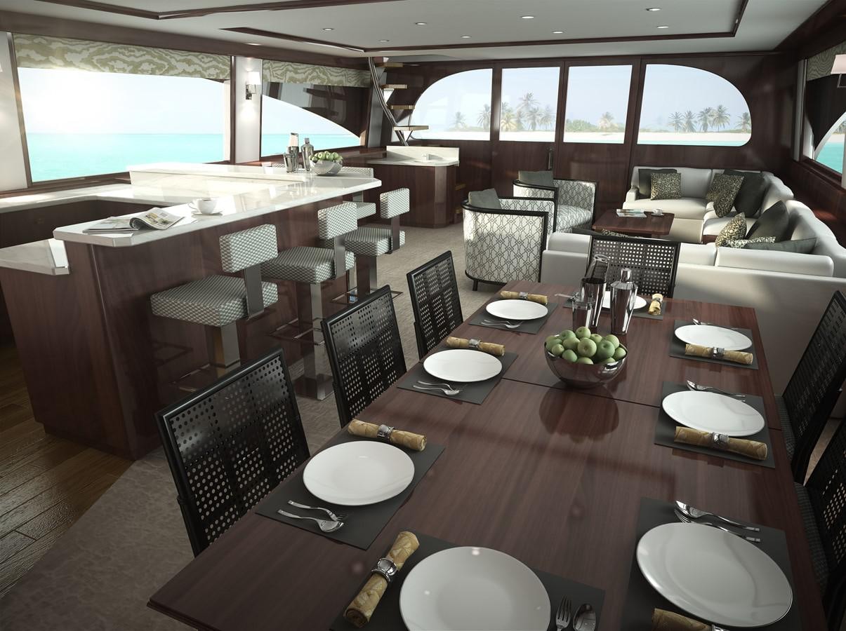 a dining table with plates and chairs aboard 2022 VIKING 92 CONVERTIBLE (TBD) Yacht for Sale