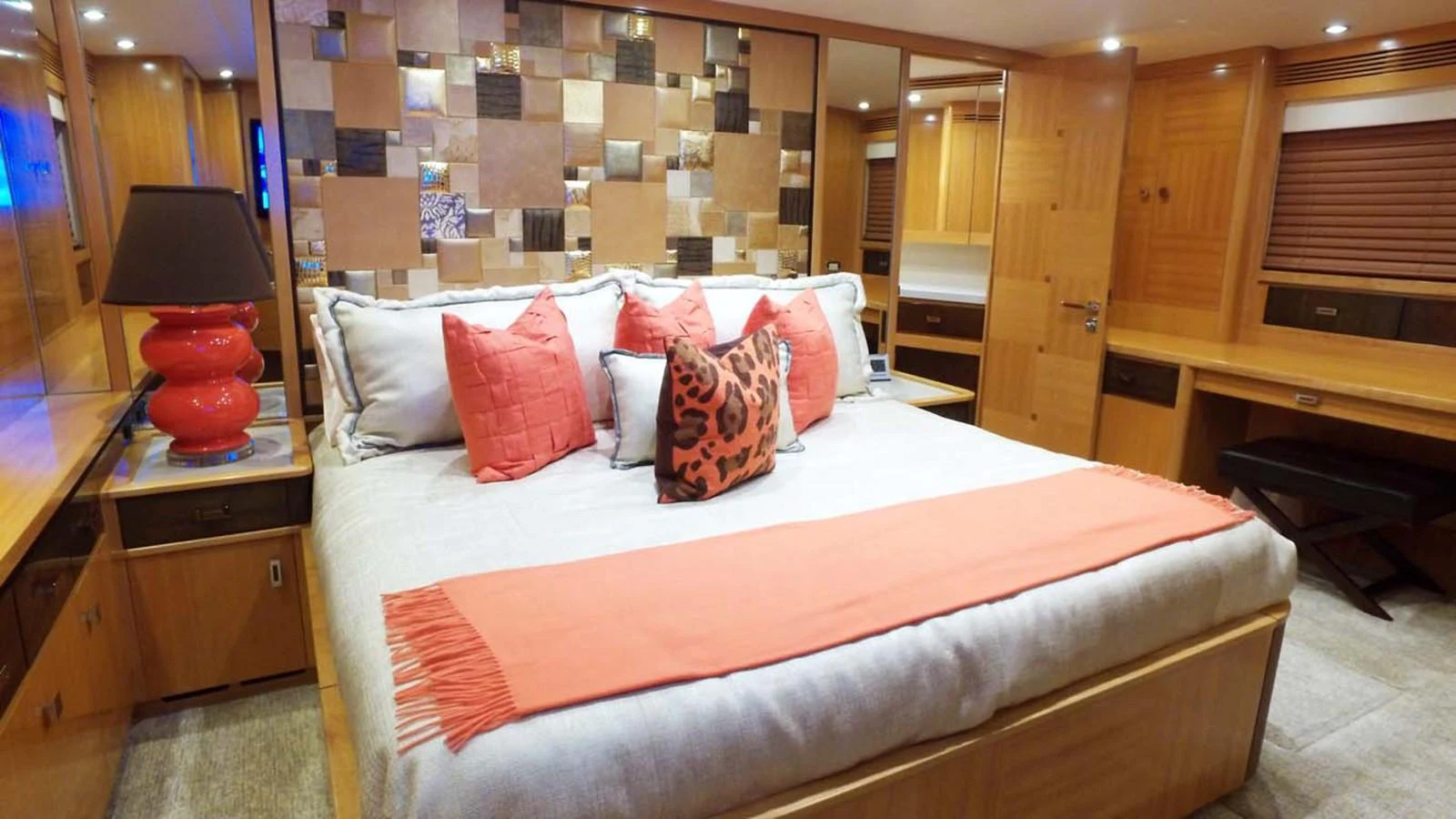 a bed with pillows on it aboard SILKY Yacht for Sale