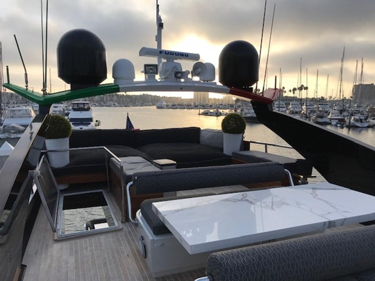 a large black and white boat with a large black ball on it aboard KISSES Yacht for Sale