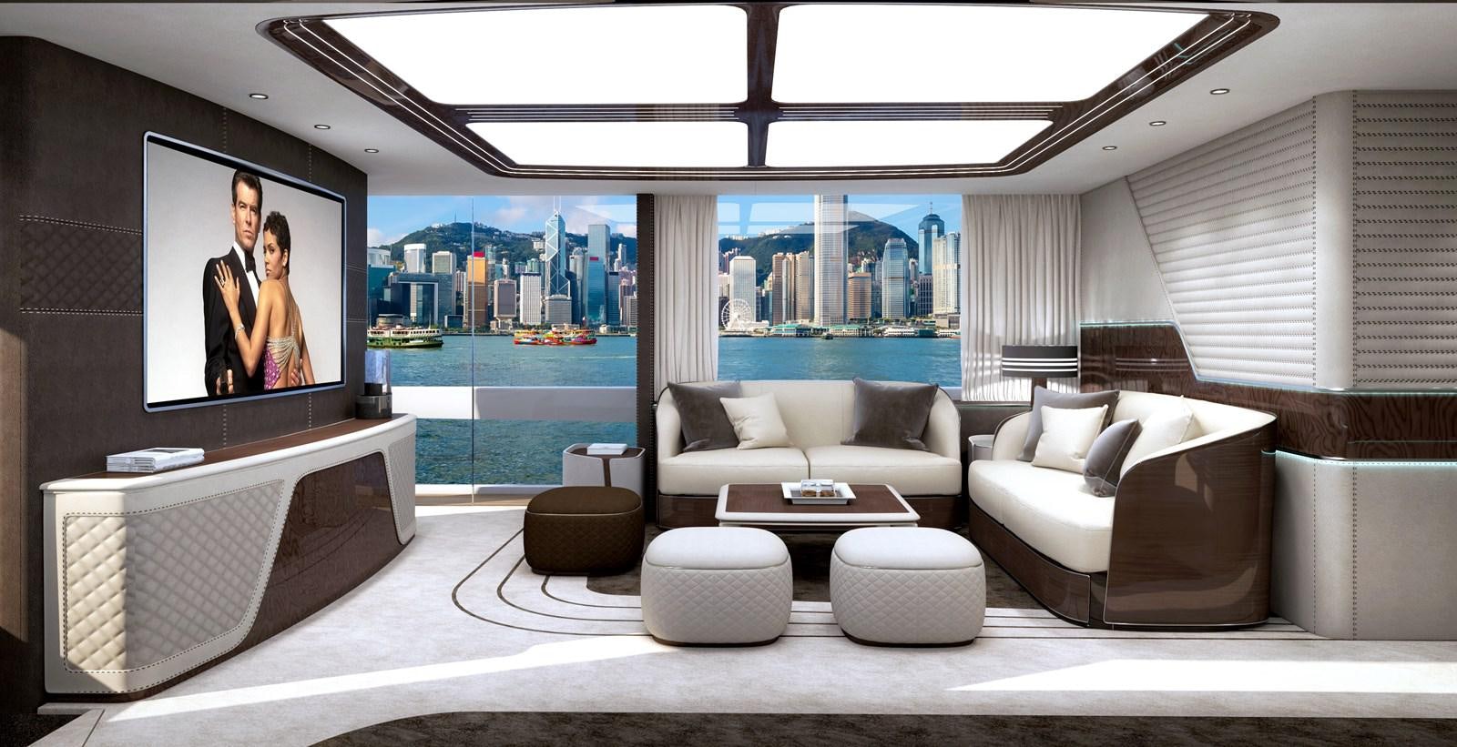 a living room with a large screen aboard DYNAMIQ GTM 90 BEACH CLUB Yacht for Sale