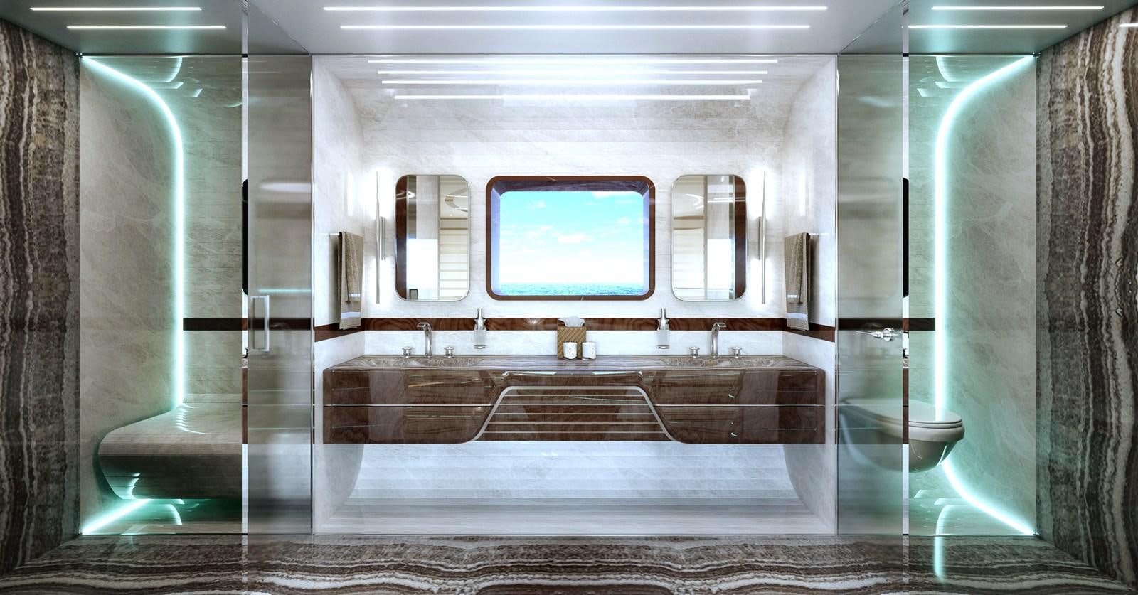 a room with a glass door aboard DYNAMIQ GTM 90 BEACH CLUB Yacht for Sale