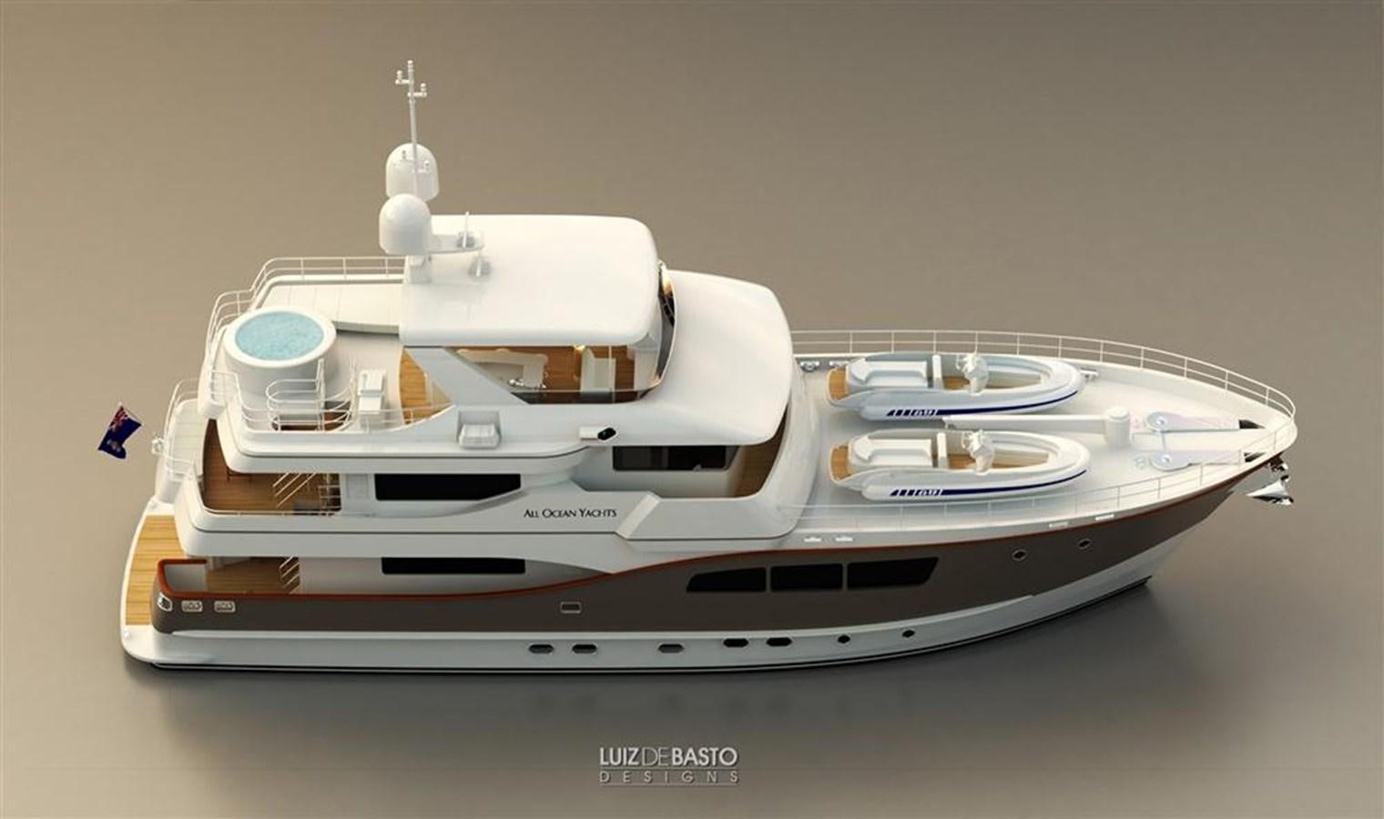 a white and black model of a ship on a grey surface aboard ALL OCEAN YACHTS 90' STEEL Yacht for Sale