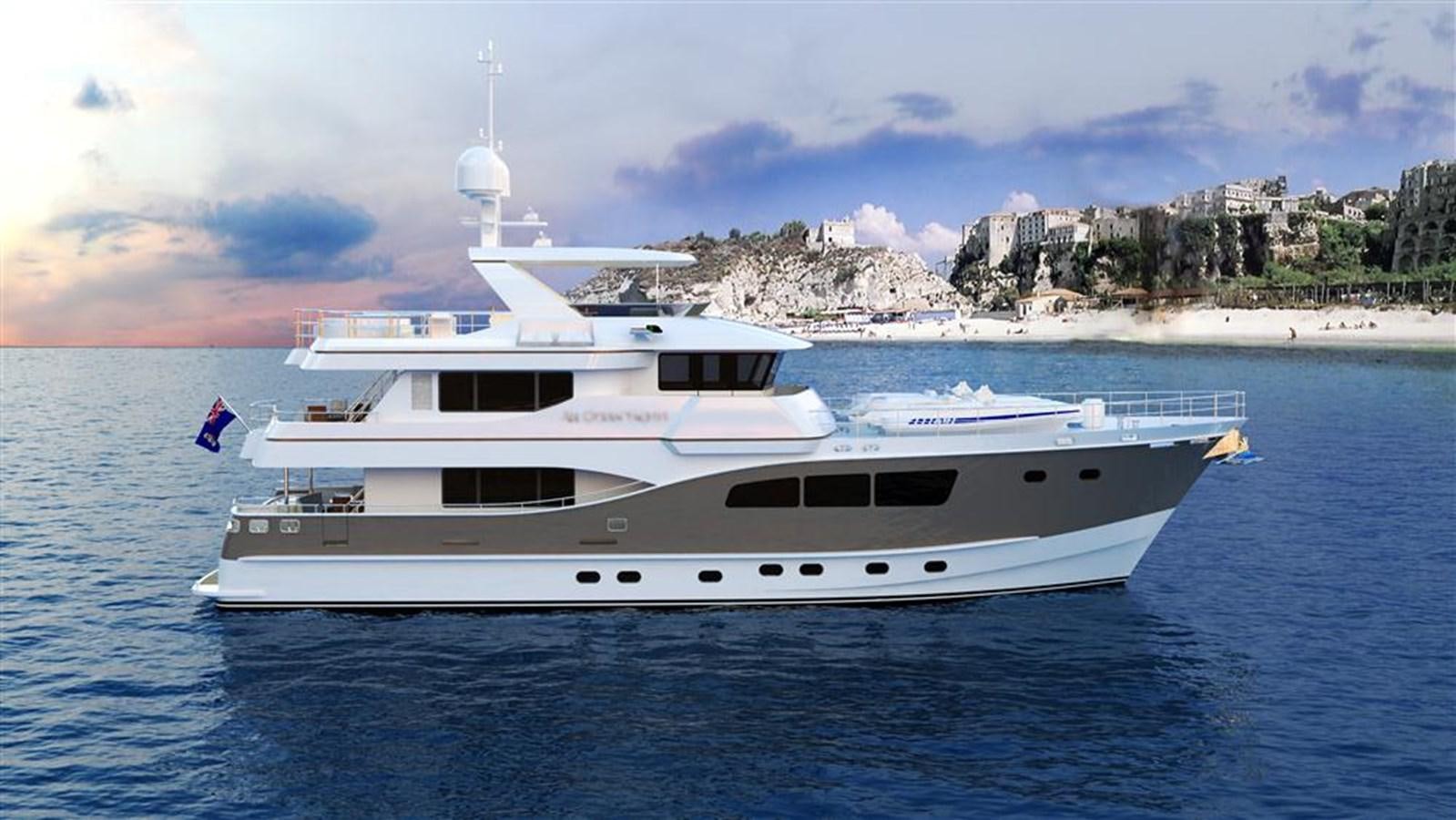 a white yacht in the water aboard ALL OCEAN YACHTS 90' STEEL Yacht for Sale