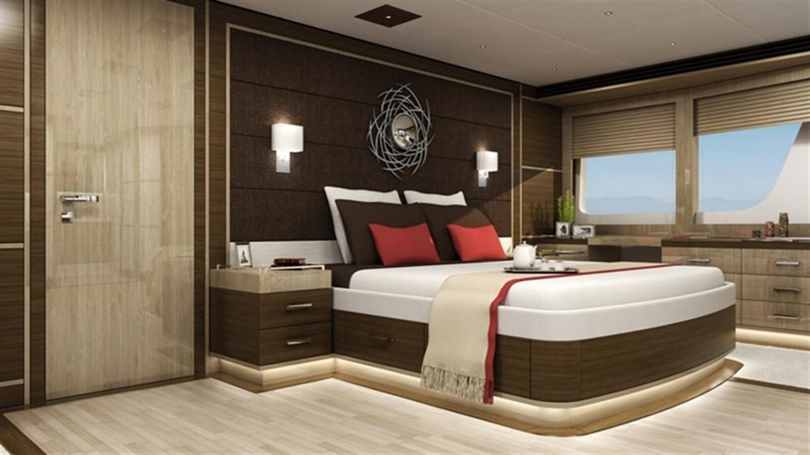 a bedroom with a bed and a window aboard ALL OCEAN YACHTS 90' STEEL Yacht for Sale