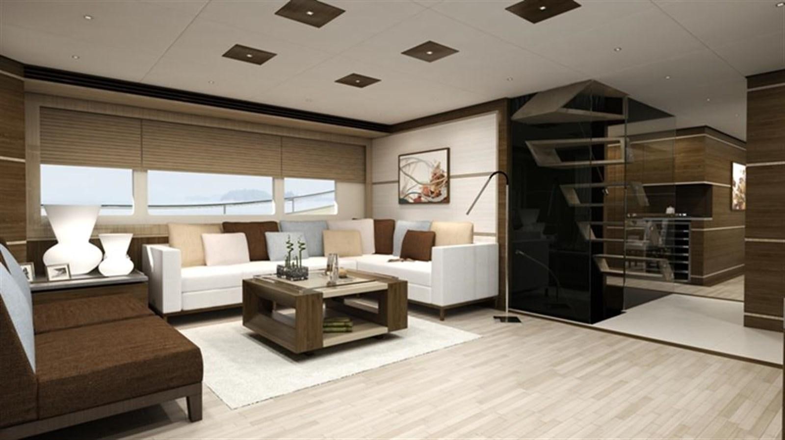 a living room with a fireplace aboard ALL OCEAN YACHTS 90' STEEL Yacht for Sale