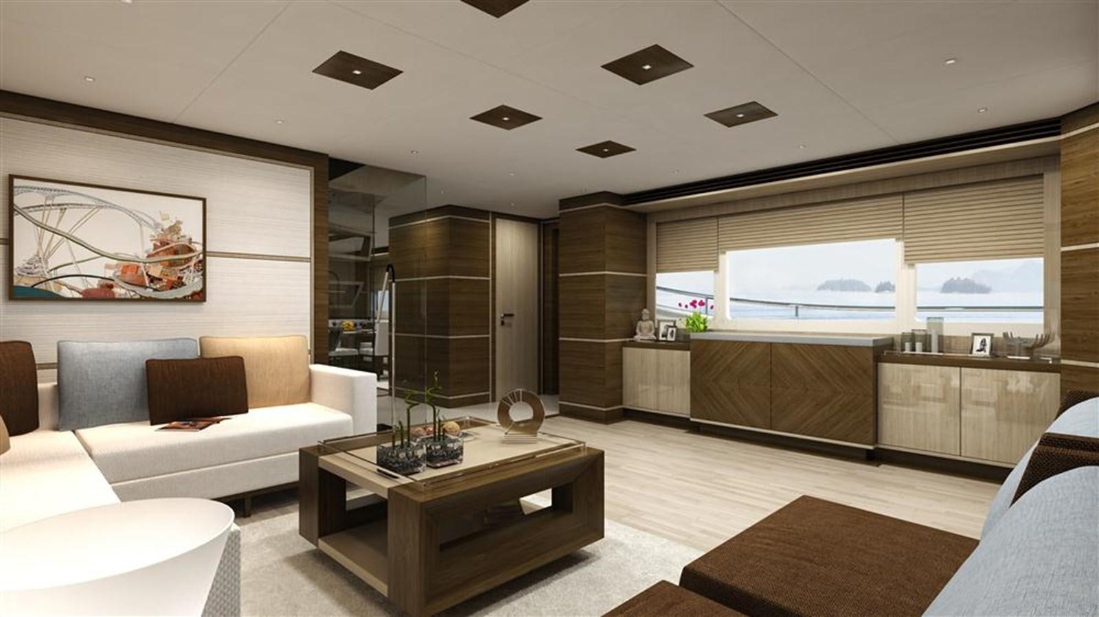 a living room with a fireplace aboard ALL OCEAN YACHTS 90' STEEL Yacht for Sale