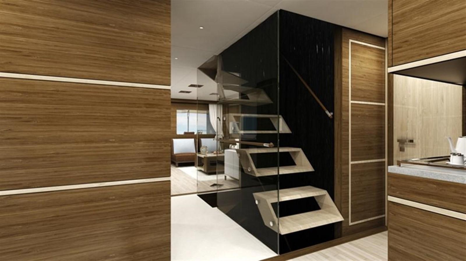 a room with a black shelf and white cabinets aboard ALL OCEAN YACHTS 90' STEEL Yacht for Sale