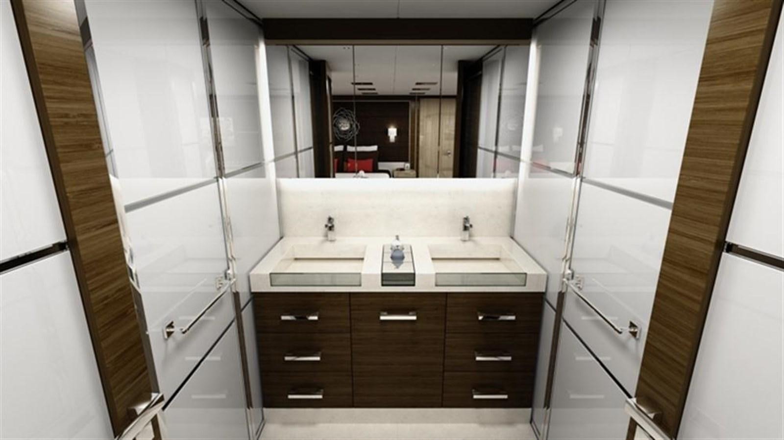 a bathroom with a sink and a mirror aboard ALL OCEAN YACHTS 90' STEEL Yacht for Sale