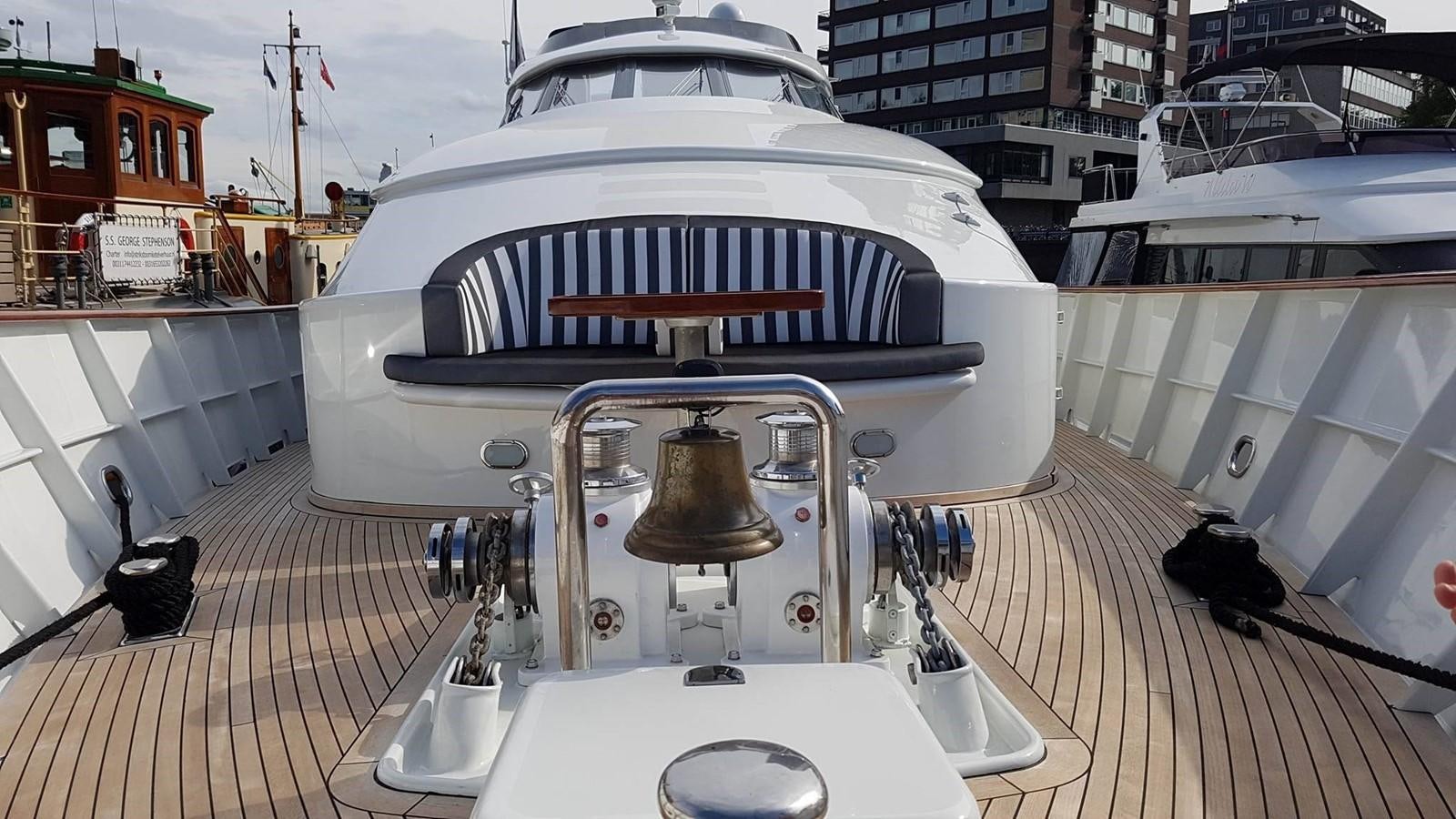 a large white boat in a large room with other boats aboard LADY MIKKI Yacht for Sale