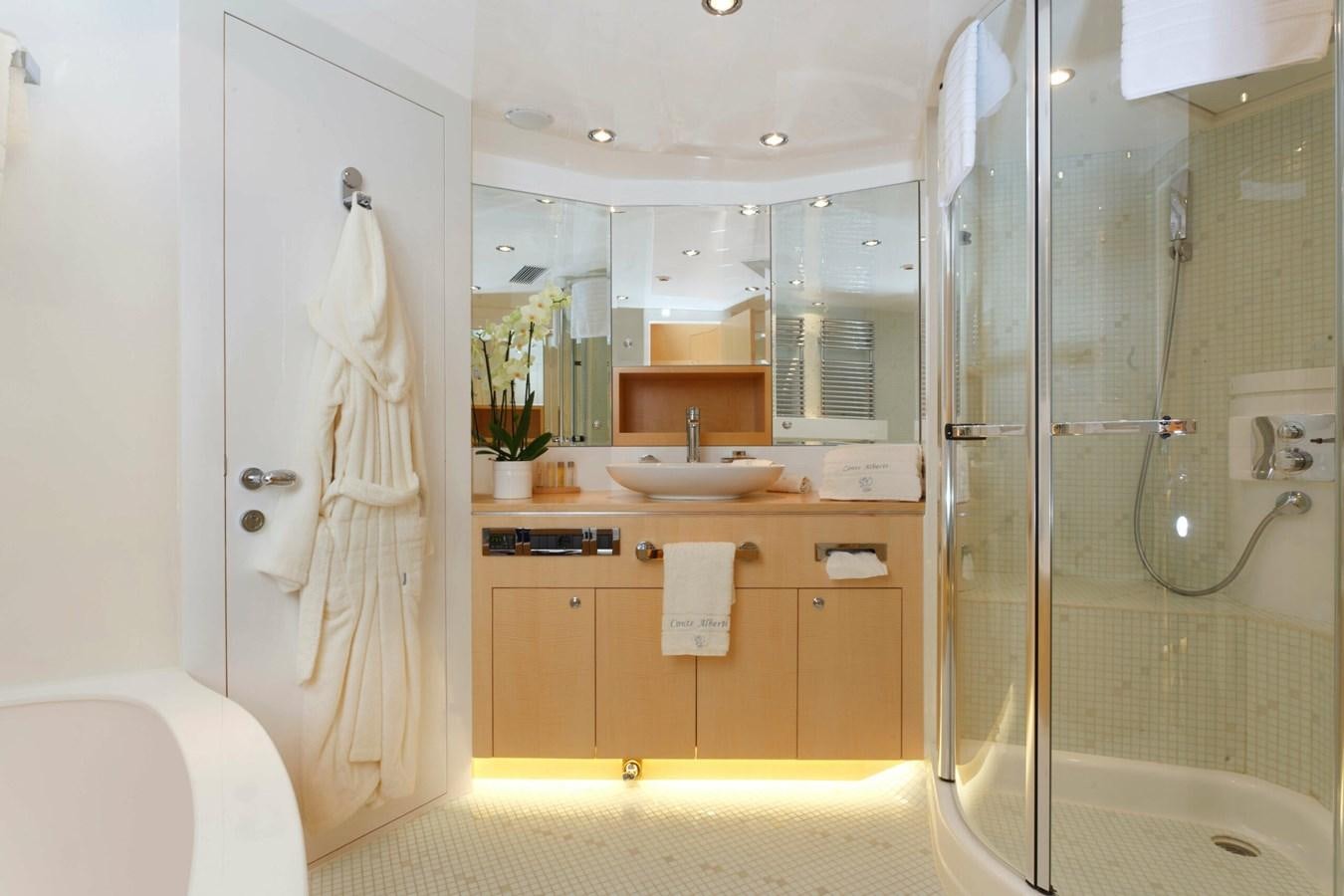 a bathroom with a glass shower aboard CONTE ALBERTI Yacht for Sale