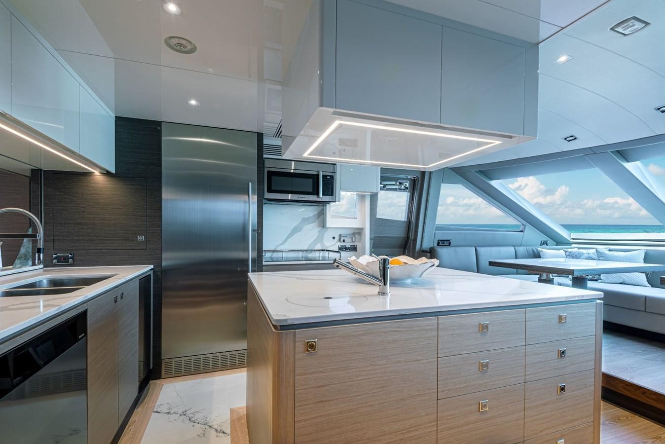 a kitchen with a large glass window aboard FD90  (NEW BOAT SPEC)  Yacht for Sale