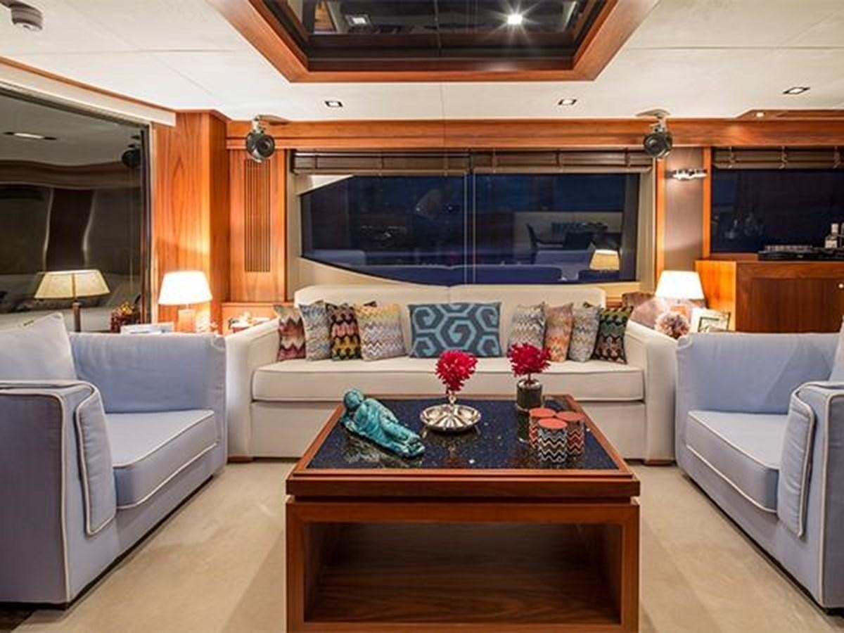 a living room with a large screen aboard UNIQUE NAZ Yacht for Sale
