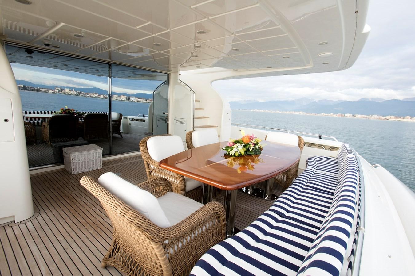 a room with a table chairs and a view of the ocean aboard LADY VICTORIA Yacht for Sale
